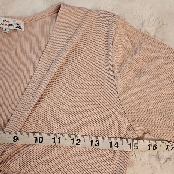 Poof New York bodysuit beige twist knot front long sleeve ribbed snaps Large - Picture 4 of 15